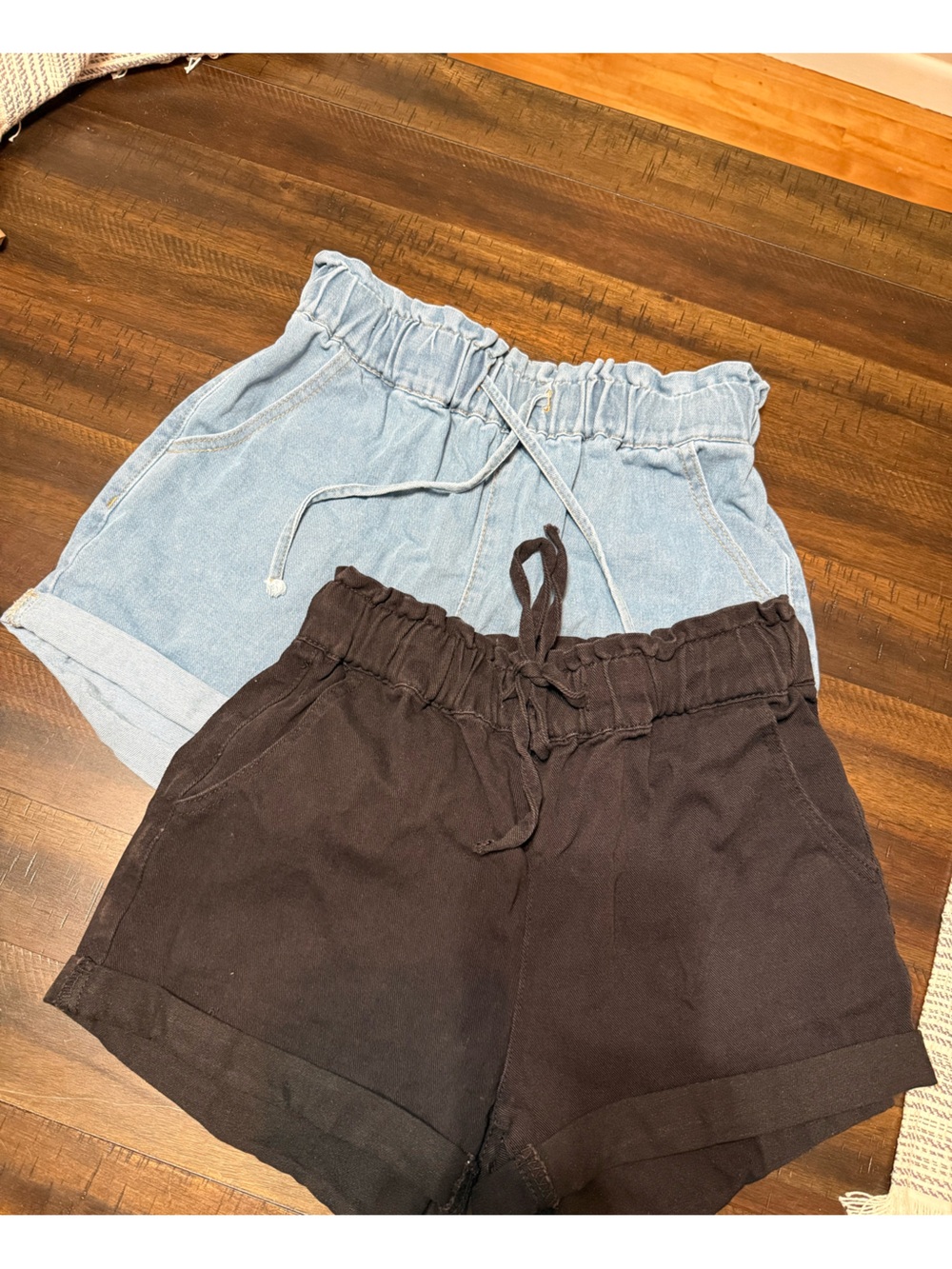 Women’s SHEIN Paperbag Waist Drawstring Shorts - Light Blue and Black